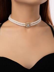 Rhinestone & Faux Pearl Decor Choker - Multicolor - View 1