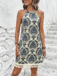 SHEIN Holidaya Đầm mép Buộc lại Bộ lạc Boho - Màu be - Xem 3