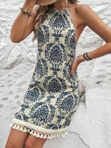 SHEIN Holidaya Đầm mép Buộc lại Bộ lạc Boho - Màu be - Xem 6