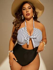 Plus Striped Cut Out Knot Front Halter One Piece Swimsuit - Black and White - View 1