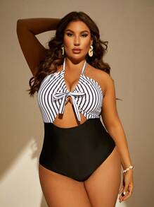 Plus Striped Cut Out Knot Front Halter One Piece Swimsuit - Black and White - View 4
