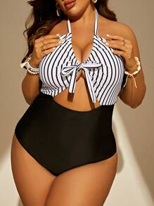 Plus Striped Cut Out Knot Front Halter One Piece Swimsuit - Black and White - View 5