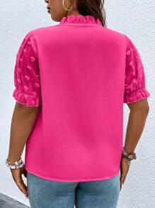 Calvaya Áo sơ mi Plus Size viền lá sen Xù màu trơn Giải trí - Màu Hồng Tươi - Xem 2