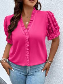 Calvaya Áo sơ mi Plus Size viền lá sen Xù màu trơn Giải trí - Màu Hồng Tươi - Xem 5