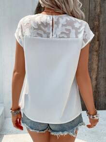 SHEIN LUNE Contrast Mesh Batwing Sleeve Blouse - White - View 2