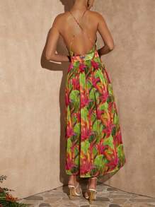 SHEIN VCAY Tropical Print Cut Out Front Split Thigh Halter Dress - Multicolor - View 2
