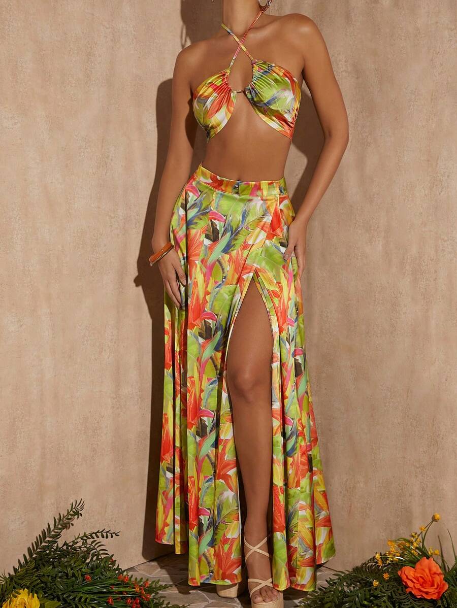 SHEIN VCAY Bộ đồ hai mảnh nữ Hội Chữ thập Buộc lại Tách cao Nhiệt đới Boho - Nhiều màu - Xem 1