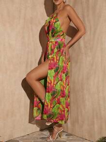 SHEIN VCAY Tropical Print Cut Out Front Split Thigh Halter Dress - Multicolor - View 4