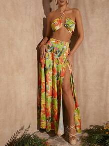 SHEIN VCAY Bộ đồ hai mảnh nữ Hội Chữ thập Buộc lại Tách cao Nhiệt đới Boho - Nhiều màu - Xem 3