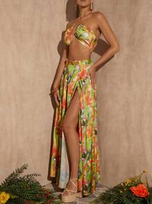 SHEIN VCAY Bộ đồ hai mảnh nữ Hội Chữ thập Buộc lại Tách cao Nhiệt đới Boho - Nhiều màu - Xem 4