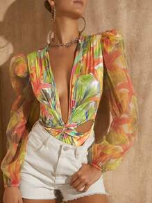 SHEIN VCAY 熱帶圖案深V領泡泡袖鏤空前收褶連體衣 - 彩色 - 查看 3