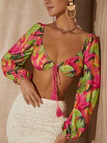 Travachic 熱帶圖案前繫帶燈籠袖短款上衣 - 彩色 - 查看 1