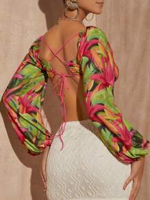 Travachic 熱帶圖案前繫帶燈籠袖短款上衣 - 彩色 - 查看 2