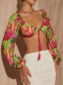 Travachic 熱帶圖案前繫帶燈籠袖短款上衣 - 彩色 - 查看 4