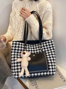 Túi tote đeo vai họa tiết Houndstooth Bear Decor Polyester - Đen và trắng - Xem 1
