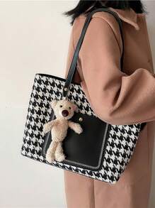 Túi tote đeo vai họa tiết Houndstooth Bear Decor Polyester - Đen và trắng - Xem 3