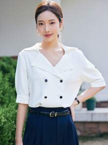 DAZY Solid Double Breasted Blouse - White - View 10