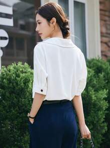 DAZY Solid Double Breasted Blouse - White - View 2