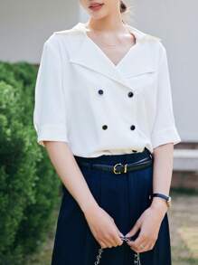 DAZY Solid Double Breasted Blouse - White - View 3