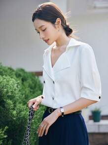 DAZY Solid Double Breasted Blouse - White - View 4