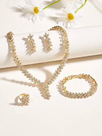 5pcs/Set Luxury Zinc Alloy Rhinestone Leaf Decor Jewelry Set For Women For Wedding Party