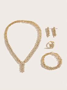 5pcs/Set Luxury Zinc Alloy Rhinestone Leaf Decor Jewelry Set For Women For Wedding Party - Yellow Gold - View 2