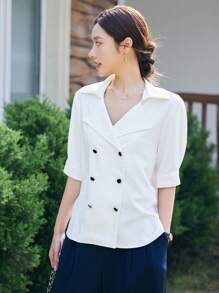DAZY Solid Double Breasted Blouse - White - View 7