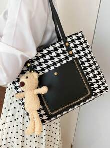 Túi tote đeo vai họa tiết Houndstooth Bear Decor Polyester - Đen và trắng - Xem 4