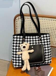Túi tote đeo vai họa tiết Houndstooth Bear Decor Polyester - Đen và trắng - Xem 5