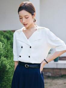 DAZY Solid Double Breasted Blouse - White - View 15
