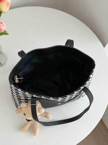 Túi tote đeo vai họa tiết Houndstooth Bear Decor Polyester - Đen và trắng - Xem 6