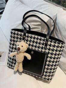 Túi tote đeo vai họa tiết Houndstooth Bear Decor Polyester - Đen và trắng - Xem 8
