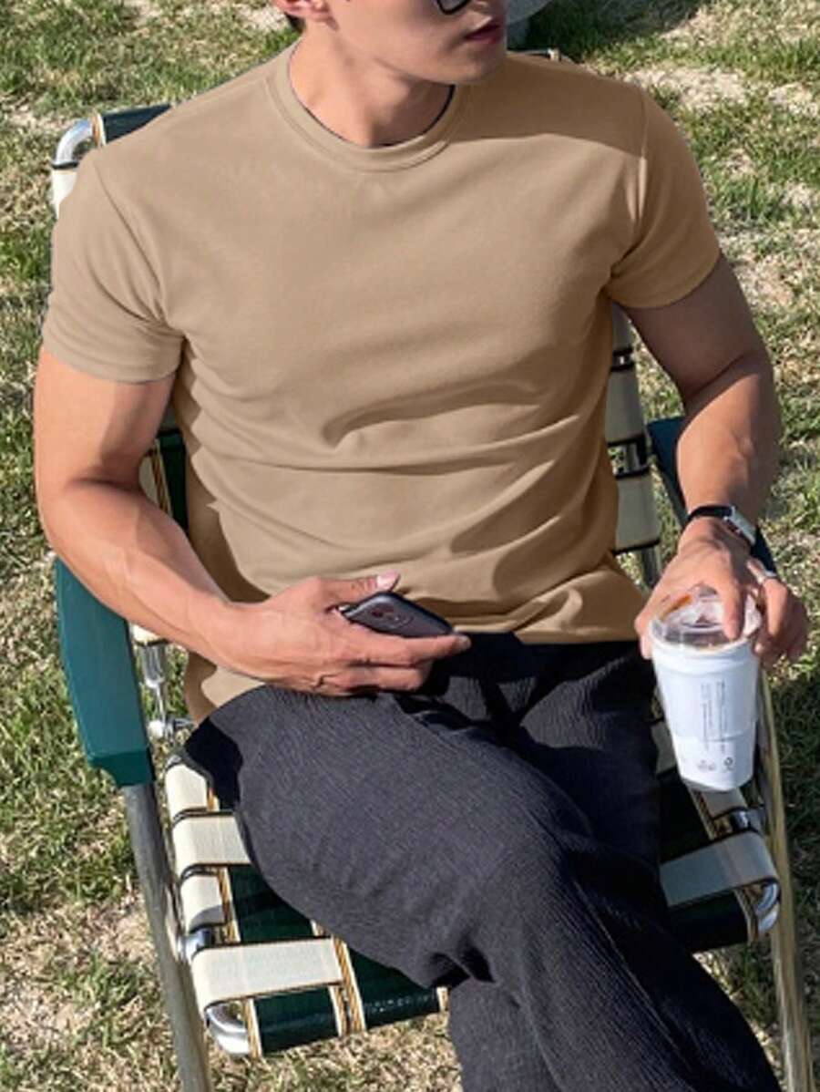 DAZY Men Cotton Solid Round Neck Tee - Camel - View 1