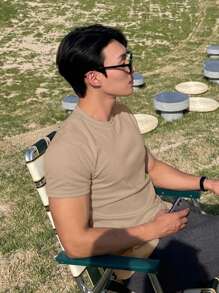 DAZY Men Cotton Solid Round Neck Tee - Camel - View 2