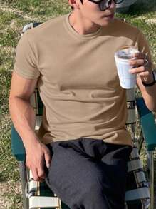 DAZY Men Cotton Solid Round Neck Tee - Camel - View 3