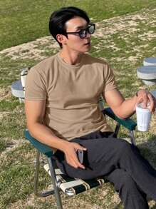 DAZY Men Cotton Solid Round Neck Tee - Camel - View 4