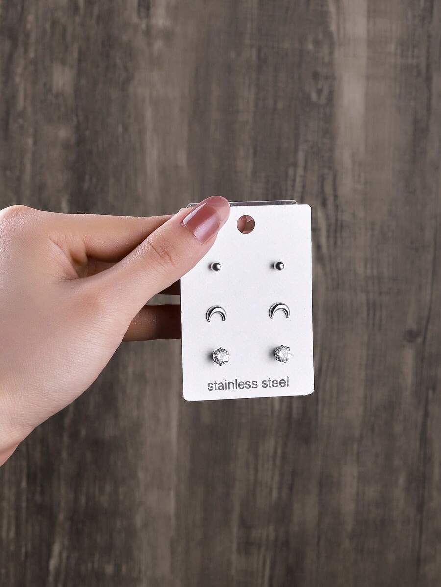 3對/套太陽和月亮耳釘 - 銀色 - 查看 1