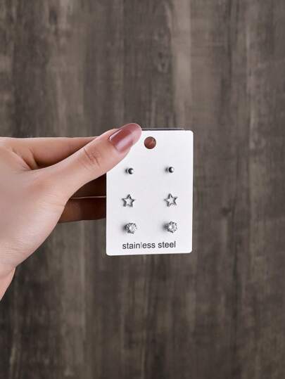 3對/套星月裝飾耳釘