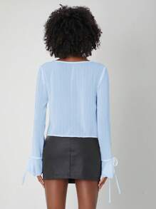 SHEINNeu Áo sơ mi nữ Thắt nút Xù màu trơn Giải trí - Màu xanh nhạt - Xem 2