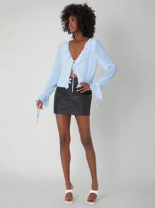 SHEINNeu Áo sơ mi nữ Thắt nút Xù màu trơn Giải trí - Màu xanh nhạt - Xem 4