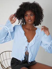 SHEINNeu Áo sơ mi nữ Thắt nút Xù màu trơn Giải trí - Màu xanh nhạt - Xem 5