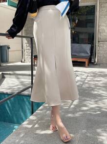 DAZY Solid Split Thigh Skirt - Beige - View 1