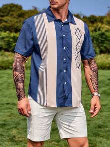 Manfinity Homme Men Plus Loose Fit Striped & Geometric Print Shirt - Navy Blue - View 3