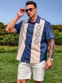 Manfinity Homme Men Plus Loose Fit Striped & Geometric Print Shirt - Navy Blue - View 5