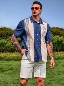 Manfinity Homme Men Plus Loose Fit Striped & Geometric Print Shirt - Navy Blue - View 6