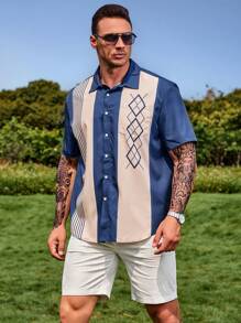 Manfinity Homme Men Plus Loose Fit Striped & Geometric Print Shirt - Navy Blue - View 7