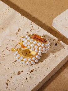 人造珍珠裝飾圓耳環 - 彩色 - 查看 2