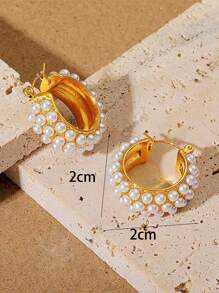 人造珍珠裝飾圓耳環 - 彩色 - 查看 3