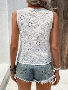 SHEIN VCAY Eyelet Embroidery Knot Hem Sleeveless Blouse - White - View 2