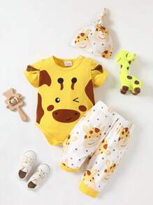 SHEIN Newborn Baby Boy Cartoon Graphic Bodysuit & Sweatpants - Multicolor - View 1